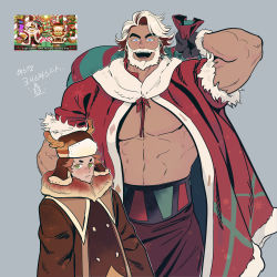 Rule 34 | 2boys, abs, absurdres, antlers, bara, beard, blue eyes, blush, cookie run, eggnog cookie, facial hair, feet out of frame, gift bag, height difference, highres, horns, jar (jar ans), korean commentary, large pectorals, looking at viewer, male focus, mature male, multiple boys, muscular, muscular male, mustache, navel, nipples, pectoral cleavage, pectorals, reference inset, reindeer antlers, santa costume, short hair, stomach, thick eyebrows, tiramisu cookie, underpec, white hair