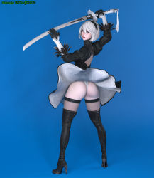 Rule 34 | 1girl, 3d, absurdres, ass, back, blue background, blue eyes, boots, gloves, hairband, high heel boots, high heels, highres, hip focus, holding, holding weapon, huge ass, katana, looking back, nier (series), nier:automata, short hair, simple background, solo, sword, the majestic, thick thighs, thighs, weapon, white hair, wide hips, 2b (nier:automata)