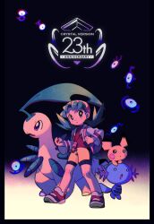 Rule 34 | 1girl, anniversary, bayleef, bike shorts, black background, blue eyes, blue hair, commentary request, creatures (company), english text, game freak, gen 2 pokemon, hat, highres, holding, holding poke ball, jacket, kris (pokemon), nintendo, ok ko19, open mouth, pichu, poke ball, poke ball (basic), pokegear, pokemon, pokemon (creature), pokemon gsc, purple eyes, shirt, shorts, simple background, twintails, unown, unown e, unown t, wooper, yellow headwear