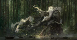 Rule 34 | absurdres, animal focus, boat, claws, commentary, day, dragon, fantasy, fog, foliage, forest, highres, horns, jin xiaodi, lamppost, monster, nature, on rock, original, outdoors, people, plant roots, realistic, river, rock, signature, size difference, tail, tree, watercraft, western dragon, wings, wyvern, yellow eyes