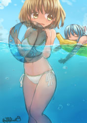 Rule 34 | 2girls, artist name, ball, bare shoulders, beachball, bikini, blonde hair, blue hair, blue sky, blush, breasts, bubble, cameltoe, closed eyes, cloud, collarbone, dated, day, embarrassed, female focus, flying sweatdrops, front-tie bikini top, front-tie top, hair ornament, hands up, happy, have to pee, highres, holding, light blush, looking at another, looking back, lying, medium breasts, multiple girls, navel, nervous, on stomach, open mouth, original, outdoors, partially submerged, partially underwater shot, short hair, side-tie bikini bottom, signature, sky, smile, solo focus, standing, swimsuit, transparent, trembling, ugogogesik, water, white bikini, yellow eyes