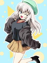 Rule 34 | 1girl, ;d, absurdres, beret, black footwear, black jacket, black shirt, blue eyes, brown skirt, emblem, from side, girls und panzer, grey hair, hat, highres, itsumi erika, jacket, jewelry, kamishima kanon, kuromorimine (emblem), leg up, long hair, long sleeves, looking at viewer, looking to the side, necklace, one eye closed, open mouth, shirt, skirt, smile, solo