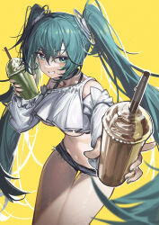 Rule 34 | 1girl, absurdres, black collar, blue eyes, blue hair, blue nails, blue shorts, bra strap, breasts, collar, cowboy shot, cup, detached sleeves, disposable cup, drink, drinking straw, hatsune miku, highres, holding, holding drink, long hair, medium breasts, mo ying yu, nail polish, shirt, short shorts, shorts, smile, solo, twintails, underboob, very long hair, vocaloid, white shirt