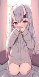 Rule 34 | 1girl, absurdres, backlighting, bare legs, bed, blush, commentary request, covering own mouth, grey shirt, hair between eyes, highres, hololive, horns, indoors, long hair, long sleeves, looking at viewer, multicolored hair, nakiri ayame, red eyes, red hair, seiza, shirt, sidelocks, silver hair, sitting, skin-covered horns, solo, starfox1015, two-tone hair, virtual youtuber, window