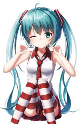 Rule 34 | 1girl, ;), ahoge, akira (been0328), bad id, bad pixiv id, blue eyes, blue hair, floating hair, hair between eyes, hair ornament, hatsune miku, highres, index finger raised, invisible chair, long hair, miniskirt, necktie, one eye closed, panties, pantyshot, pleated skirt, red necktie, red skirt, shirt, simple background, sitting, skirt, sleeveless, sleeveless shirt, smile, solo, striped clothes, striped thighhighs, thighhighs, twintails, underwear, very long hair, vocaloid, white background, white shirt