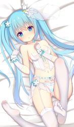 Rule 34 | 1girl, absurdres, aqua eyes, aqua hair, bad id, bad pixiv id, bare shoulders, bed sheet, blue eyes, blue hair, bow, bow panties, breasts, chestnut mouth, collarbone, crop top, elbow gloves, from above, garter belt, garter straps, gloves, hair between eyes, hand on own chest, hatsune miku, highres, jyt, lingerie, long hair, looking at viewer, lying, midriff, navel, off shoulder, on back, panties, parted lips, revealing clothes, small breasts, soles, solo, striped clothes, striped panties, thighhighs, thighs, toes, twintails, underwear, very long hair, vocaloid, white gloves, white thighhighs