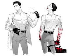 Rule 34 | 1boy, abs, bag, black gloves, black hair, blood, blood on clothes, blood on hands, glasses, gloves, grey pants, gubo (project moon), highres, holding, holding bag, leviathan (project moon), looking at viewer, male focus, multiple views, open mouth, pants, pectorals, project moon, red eyes, remsrar, simple background, smile, tongue, tongue out, white background