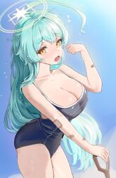 Rule 34 | 1girl, absurdres, abydos high school swimsuit, ahoge, aqua hair, bandaid, bandaid on arm, black one-piece swimsuit, blue archive, blue sky, breasts, cleavage, cowboy shot, halo, hand up, highres, large breasts, long hair, one-piece swimsuit, open mouth, outdoors, sky, solo, swimsuit, tearing up, xu wen (bbb2822828), yellow eyes, yellow halo, yume (blue archive)
