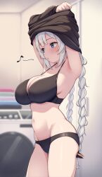 Rule 34 | 1girl, armpits, arms up, b.c, black bra, black panties, blue eyes, blurry, blurry background, blush, bra, braid, breasts, commentary request, cowboy shot, grey hair, hair ornament, highres, kizuna akari, large breasts, long hair, long sleeves, musical note, o3o, panties, parted lips, solo, standing, stomach, twin braids, underwear, underwear only, undressing, very long hair, vocaloid, voiceroid, washing machine, whistling
