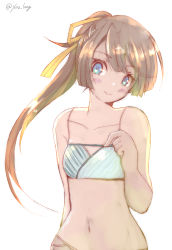 Rule 34 | 1girl, absurdres, bikini, brown hair, chicken99, commentary request, grey eyes, hair ribbon, highres, kantai collection, kazagumo (kancolle), long hair, official alternate costume, one-hour drawing challenge, ponytail, ribbon, simple background, solo, striped bikini, striped clothes, swimsuit, upper body, white background