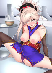 Rule 34 | 1girl, ass, asymmetrical bangs, asymmetrical hair, bed, blue eyes, blue kimono, blush, bowl, breasts, breasts out, brown thighhighs, chopsticks, detached sleeves, earrings, fate/grand order, fate (series), hair ornament, highres, japanese clothes, jewelry, kimono, kimono pull, long hair, looking at viewer, medium breasts, miyamoto musashi (fate), miyamoto musashi (first ascension) (fate), nipples, obi, open mouth, panties, pink hair, ponytail, purple panties, sash, short kimono, sitting, sleeveless, sleeveless kimono, solo, spread legs, thighhighs, thighs, underwear, yoshiki360