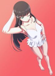 Rule 34 | 1girl, armpits, barefoot, breasts, brown hair, cleavage, collarbone, dress, dutch angle, feet, full body, green eyes, hand in own hair, hand on own hip, kijinaka mahiro, kurosawa dia, long hair, looking at viewer, love live!, love live! sunshine!!, medium breasts, one eye closed, red background, solo, standing, toes, white dress