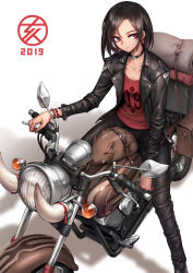 Rule 34 | 1girl, 2019, black hair, black pants, boar, bracelet, chinese zodiac, choker, collarbone, crossed bangs, earrings, highres, jacket, jewelry, leather, leather jacket, leather pants, looking at viewer, motor vehicle, motorcycle, oopartz yang, open clothes, open jacket, original, pants, red eyes, short hair, solo, white background, year of the pig