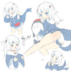 Rule 34 | &gt; &lt;, 1girl, :d, :o, absurdres, afterimage, ass, bloop (gawr gura), blue eyes, blue hair, blue hoodie, blush, claw pose, closed eyes, closed mouth, commentary request, drawstring, fingers together, gawr gura, gawr gura (1st costume), hair ornament, highres, hololive, hololive english, hood, hood down, hoodie, leilin, long hair, long sleeves, multicolored hair, multiple views, notice lines, open mouth, panties, parted lips, sharp teeth, simple background, smile, streaked hair, tail, tail wagging, teeth, two side up, underwear, virtual youtuber, white background, white hair, white panties, wide sleeves