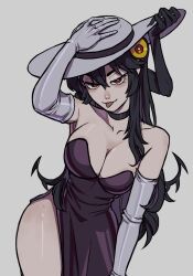 Rule 34 | 1girl, absurdres, black hair, breasts, cleavage, collarbone, dress, elbow gloves, filia (skullgirls), gloves, grey background, hat, highres, large breasts, leev voix, living hair, long hair, looking at viewer, prehensile hair, purple dress, red eyes, samson (skullgirls), skullgirls, sleeveless, sleeveless dress, solo, sun hat, thighs, tongue, tongue out, white gloves