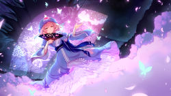Rule 34 | 1girl, bug, butterfly, center frills, cherry blossoms, hand fan, floral print, folding fan, frills, hat, highres, bug, japanese clothes, kimono, light smile, long sleeves, looking at viewer, mob cap, night, night sky, obi, outdoors, pink eyes, pink hair, revision, saigyou ayakashi, saigyouji yuyuko, saigyouji yuyuko&#039;s fan design, sash, short hair, sky, smile, solo, touhou, triangular headpiece, wide sleeves, wu (4401153)