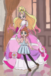 Rule 34 | 2girls, artist request, blonde hair, child, cure flora, gloves, highres, long hair, looking at another, multiple girls, precure, white gloves