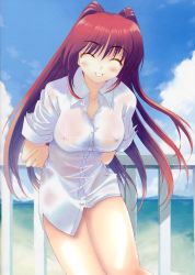 Rule 34 | 00s, 1girl, ^ ^, amazuyu tatsuki, arms behind back, blush, bottomless, breasts, closed eyes, dress shirt, highres, kousaka tamaki, large breasts, leaning forward, long hair, nipples, red hair, see-through, shirt, sleeves pushed up, sleeves rolled up, smile, solo, to heart (series), to heart 2, very long hair
