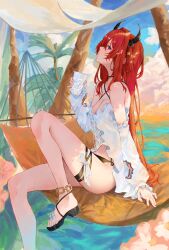 Rule 34 | 1girl, absurdres, anklet, arknights, bare legs, bikini, bikini under clothes, black bikini, black ribbon, bow, breasts, cleavage, closed mouth, criss-cross halter, day, drinking straw, from side, hair between eyes, hair intakes, hair ornament, halterneck, hammock, highres, holding, horns, jewelry, kaze 22, leg ribbon, long hair, long sleeves, medium breasts, orange hair, outdoors, palm tree, profile, purple eyes, red hair, ribbon, shirt, sitting, solo, star (symbol), star hair ornament, surtr (arknights), swimsuit, thigh ribbon, torn clothes, torn sleeves, tree, very long hair, white bow, white shirt