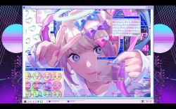 Rule 34 | 1girl, blue bow, blue eyes, blue hair, blue nails, bow, chouzetsusaikawa tenshi-chan, computer, drill hair, emoji, error message, fourth wall, glitch, hair bow, halo, hanpa ga, heart, holographic clothing, long sleeves, looking at viewer, monitor, multicolored hair, multicolored nails, nail polish, needy girl overdose, pink bow, pink hair, pink nails, purple bow, smile, solo, star (symbol), twin drills, twintails, twitter logo, white hair, windows 95