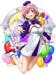 Rule 34 | 1girl, absurdres, balloon, blue dress, blue headwear, blue jacket, bow, bowtie, breasts, cleavage, detached collar, dress, fate/grand order, fate (series), fou (fate), garrison cap, hair over one eye, hat, highres, jacket, large breasts, light purple hair, long sleeves, looking at viewer, mash kyrielight, mash kyrielight (fgo fes. 2019), open clothes, open jacket, open mouth, purple eyes, short hair, shunichi, smile, two-tone dress, white dress