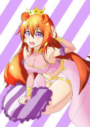 Rule 34 | 1girl, absurdres, artist name, artist request, bare legs, blush, bracelet, breasts, brown hair, butterfly (love live!), choker, cleavage, clothing cutout, collarbone, cropped shirt, crown, detached sleeves, double bun, dress, dress shirt, earrings, female focus, floating hair, gold bracelet, hair between eyes, hair bun, hair rings, harem outfit, highres, holding, holding pillow, jewelry, konoe kanata, long hair, looking at viewer, love live!, love live! nijigasaki high school idol club, love live! school idol festival, medium breasts, navel, orange hair, parted lips, pillow, puffy short sleeves, puffy sleeves, purple eyes, purple shirt, purple shorts, shirt, short sleeves, shorts, shoulder cutout, smile, solo, standing, standing on one leg, striped, striped background, striped pillow, two side up, yellow bracelet, yellow choker