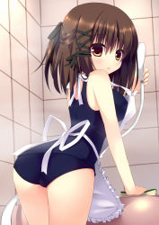 Rule 34 | 1girl, apron, ass, bathtub, blush, breasts, brown eyes, brown hair, cleaning, from behind, hair ornament, hair ribbon, large breasts, looking at viewer, megarisu, one-piece swimsuit, open mouth, original, ribbon, school swimsuit, short hair, shower head, solo, sponge, swimsuit