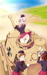 Rule 34 | 3girls, absurdres, ass, blue eyes, blush, breasts, brown hair, closed eyes, clothes lift, cross, girls und panzer, grin, hat, highres, inisipis, iron cross, itsumi erika, kuromorimine military uniform, large breasts, looking back, military, military uniform, military vehicle, motor vehicle, multiple girls, open mouth, outdoors, panties, pink panties, red skirt, short hair, skirt, skirt lift, sky, smile, surprised, sweatdrop, taking picture, tank, teeth, thumbs up, tiger ii, tongue, underwear, uniform, white hair