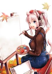 Rule 34 | 1girl, :d, absurdres, animal ears, autumn leaves, beret, blush, breasts, canvas (object), cat ears, cat tail, chestnut, clothing cutout, food-themed hair ornament, from side, ganari ryuu, green eyes, hair ornament, hat, headphones, headset, highres, large breasts, long hair, looking at viewer, open mouth, original, overalls, paint, paintbrush, painting (action), palette (object), pink hair, pocket, ponytail, sitting, smile, solo, super tama musume, tail, tail through clothes, tamatoys