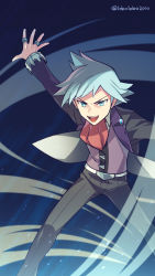Rule 34 | 1boy, aqua hair, artist name, belt, black pants, commentary request, creatures (company), game freak, highres, jewelry, long sleeves, male focus, momoji (lobolobo2010), nintendo, open mouth, outstretched arms, pants, pokemon, pokemon oras, ring, shirt, solo, spiked hair, steven stone, teeth, tongue, v-shaped eyebrows, vest, white shirt