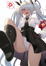 Rule 34 | 1girl, alexmaster, anger vein, black footwear, black gloves, black necktie, black ribbon, black skirt, black socks, blue archive, blush, boots, breasts, collared shirt, commentary request, gloves, grey hair, hair over one eye, hair ribbon, halo, hands on own hips, iori (blue archive), long hair, long sleeves, necktie, open mouth, panties, pleated skirt, pointy ears, puffy long sleeves, puffy sleeves, red eyes, ribbon, shirt, shoe soles, simple background, skirt, small breasts, socks, solo, spoken anger vein, standing, standing on one leg, twintails, underwear, v-shaped eyebrows, very long hair, wavy mouth, white background, white panties, white shirt