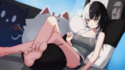 Rule 34 | 1girl, 1other, absurdres, alternate costume, barefoot, black hair, book, breasts, casual, commentary request, dolphin shorts, feet, foreshortening, furu aki, grey shirt, grin, highres, hololive, hololive english, indoors, jailbird (nerissa ravencroft), large breasts, long hair, looking at another, lying, moai, multicolored hair, on back, perroccino (fuwamoco), pillow, reading, shiori novella, shirt, shorts, smile, solo focus, split-color hair, strapless, strapless shirt, stuffed animal, stuffed toy, virtual youtuber, white hair, window, yellow eyes, yorick (shiori novella)