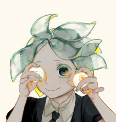 Rule 34 | 1other, absurdres, androgynous, aqua hair, aqua nails, black eyes, black necktie, blonde hair, closed mouth, colored eyelashes, commentary, english commentary, eyeball, floating hair, gem uniform (houseki no kuni), glowing, glowing eye, green hair, green nails, hands up, highres, holding eyeball, houseki no kuni, iciriini, looking ahead, multicolored hair, necktie, one eye covered, orange eyes, other focus, phosphophyllite, puffy short sleeves, puffy sleeves, short hair, short sleeves, simple background, smile, solo, streaked hair, translucent hair, white background