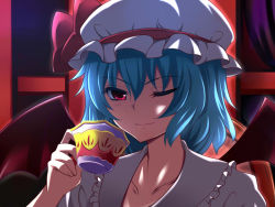 Rule 34 | 1girl, bat wings, blue hair, blush, cup, hat, one eye closed, red eyes, remilia scarlet, short hair, solo, teacup, touhou, wings, wink, yagami (mukage)