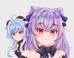 Rule 34 | 2girls, absurdres, ahoge, bare shoulders, black bow, blue hair, bow, commentary, cone hair bun, ganqing, ganyu (genshin impact), genshin impact, grey background, hair bun, highres, horns, keqing (genshin impact), long hair, looking at viewer, multiple girls, portrait, purple eyes, purple hair, simple background, smile, twintails