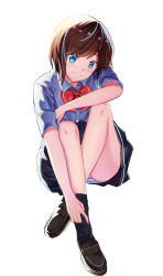 Rule 34 | 1girl, black skirt, black socks, blue eyes, blue hair, blush, bow, brown footwear, brown hair, closed mouth, collared shirt, copyright request, dress shirt, grey shirt, head tilt, highres, loafers, looking at viewer, mobu (wddtfy61), multicolored hair, panties, pleated skirt, red bow, school uniform, shirt, shoes, short sleeves, skirt, smile, socks, solo, streaked hair, striped clothes, striped panties, underwear