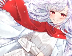 Rule 34 | 1girl, :d, blush, coat, from above, grin, hand on own stomach, itoi toi, jacket, jacket on shoulders, long sleeves, looking at viewer, lying, on back, open clothes, open coat, open mouth, original, red eyes, red scarf, scarf, silver hair, smile, snow, solo, sweater, swept bangs, teeth, upper body, white coat, white sweater