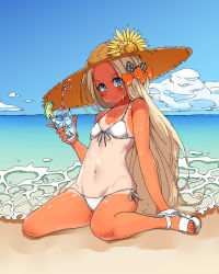 Rule 34 | 1girl, abigail williams (fate), bare shoulders, beach, bikini, black bow, blonde hair, blue eyes, blush, bow, breasts, cloud, cup, day, drinking straw, fate/grand order, fate (series), flower, front-tie bikini top, front-tie top, hair bow, hat, hat flower, highres, ice, ice cube, kobo (cobo 0609), long hair, looking at viewer, navel, ocean, one-piece tan, orange bow, outdoors, parted bangs, polka dot, polka dot bow, sandals, shiny skin, side-tie bikini bottom, sitting, sketch, skindentation, sky, small breasts, smile, solo, straw hat, sunflower, swimsuit, tan, tanline, very long hair, wariza, water, white bikini