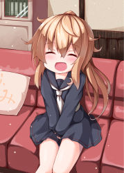 Rule 34 | 10s, 1girl, black skirt, blush, bookshelf, brown hair, commentary request, couch, crescent, closed eyes, fang, fumizuki (kancolle), kantai collection, long hair, long sleeves, neckerchief, ominaeshi (takenoko), open mouth, pillow, ponytail, red upholstery, school uniform, serafuku, sitting, skirt, smile, solo, v arms, very long hair, white neckerchief