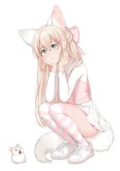 Rule 34 | 1girl, animal ears, blonde hair, bow, commission, full body, green eyes, hair bow, hair ornament, hairclip, hamster, heart, heart hair ornament, highres, looking at viewer, multicolored clothes, multicolored legwear, original, over-kneehighs, parted lips, pink bow, pink thighhighs, solo, squatting, striped clothes, striped thighhighs, susukitten, tail, thighhighs, white thighhighs