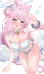 Rule 34 | 1girl, animal ears, bare legs, blue archive, blush, breasts, cat ears, cat tail, choker, cleavage, collarbone, commentary, feathered wings, hair bun, hair ornament, halo, highres, large breasts, long hair, mika (blue archive), pink hair, shaffelli, single side bun, solo, tail, thighs, wings, yellow eyes