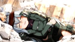 Rule 34 | 1girl, black shorts, blush stickers, closed eyes, day, g11 (girls&#039; frontline), girls&#039; frontline, green jacket, greyscale, hair between eyes, hat, high collar, highres, holding, holding clothes, holding hat, jacket, long hair, long sleeves, lying, monochrome, on side, open mouth, outdoors, red scarf, scarf, scarf on head, shorts, sleeping, solo, yotubawatane