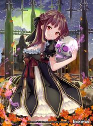 Rule 34 | 1girl, black bow, bow, breasts, brown hair, castle, character request, copyright name, dress, flower, force of will, frilled dress, frills, hair bow, head tilt, holding, holding skull, juliet sleeves, long hair, long sleeves, looking at viewer, multicolored clothes, multicolored dress, orange eyes, pisuke, puffy sleeves, red bow, scar, scar on face, scar on mouth, short sleeves, skull, sky, smile, solo, star (sky), window