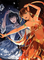 Rule 34 | 2girls, arm up, armlet, bad id, bad pixiv id, black hair, blue dress, blunt bangs, bra, bracelet, breasts, brown hair, brown skirt, character request, cleavage, closed eyes, dancing, dress, floating hair, green eyes, harem outfit, jewelry, kawaoka sachio, kurosawa dia, long hair, love live!, love live! school idol festival, love live! sunshine!!, matsuura kanan, medium breasts, midriff, mole, mole under mouth, multiple girls, navel, necklace, open mouth, outstretched arm, red bra, ring, skirt, stomach, strapless, strapless bra, underwear, veil