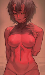Rule 34 | 1girl, black hair, breasts, brown background, colored skin, commentary, english commentary, fangs, fangs out, fingernails, hand up, horns, kidouko (zakusi), large breasts, looking at viewer, navel, nipples, nude, oni, original, out-of-frame censoring, red oni, red skin, seductive smile, short hair, smile, solo, yellow eyes, zakusi