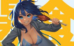 Rule 34 | 1girl, :d, ahoge, bikini, blue bikini, blue eyes, blue hair, breasts, chicken (food), chicken leg, cleavage, collarbone, eating, food, grin, highres, holding, holding food, jacket, large breasts, long hair, long sleeves, looking at viewer, make heroine ga oo sugiru!, open clothes, open jacket, open mouth, parted lips, rotix, simple background, smile, solo, swimsuit, text background, two-tone background, upper body, white background, yanami anna