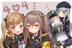 Rule 34 | 404 (girls&#039; frontline), 4girls, ^^^, anger vein, arm up, armband, artist name, beret, blunt bangs, blush, brown background, brown hair, collar, drooling, facial mark, fang, fang out, fingerless gloves, g11 (girls&#039; frontline), girls&#039; frontline, gloves, green eyes, hair ornament, hair ribbon, hairclip, hat, hk416 (girls&#039; frontline), holding, holding pillow, jacket, long hair, looking at another, looking at viewer, moorina, multiple girls, neck ribbon, hugging object, one side up, open mouth, outline, pillow, pillow hug, red eyes, ribbon, scarf, sidelocks, silver hair, simple background, sleeping, smile, twintails, ump45 (girls&#039; frontline), ump9 (girls&#039; frontline), v, yellow eyes, zzz