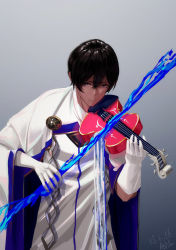 Rule 34 | 1boy, arjuna (fate), asil, black eyes, black hair, bow (music), bow (weapon), cloak, closed mouth, commentary request, dark-skinned male, dark skin, fate/grand order, fate (series), gloves, guitar, highres, instrument, male focus, shirt, simple background, solo, standing, weapon, white cloak, white gloves, white shirt