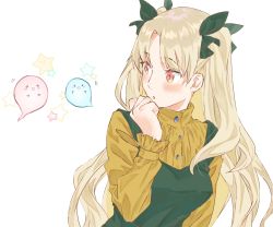 Rule 34 | 1girl, blonde hair, blush, casual, dress, ereshkigal (fate), fate/grand order, fate (series), green dress, long hair, mamecchi, open mouth, red eyes, shirt, simple background, solo, yellow shirt