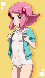 Rule 34 | 1girl, awa, blue shirt, closed mouth, hair ornament, hairclip, highres, looking at viewer, one-piece swimsuit, pink eyes, pink hair, puzzle &amp; dragons, shirt, short hair, solo, swimsuit, uzuki sakura